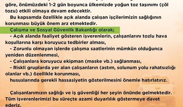 'Tozlu hava koşullarına karşı açık alanda çalışanların sağlığının korunması önemli'